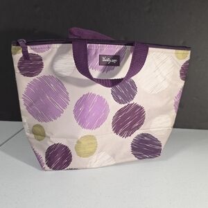 Thirty-One Purple and Gold Polka Dot Thermal Zip Lunch Food Storage Tote Bag